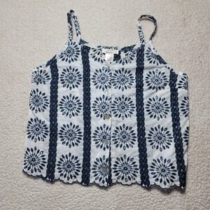 Urban Romantics Blue White Floral Eyelet Embroidered Button Front Camisole Top M